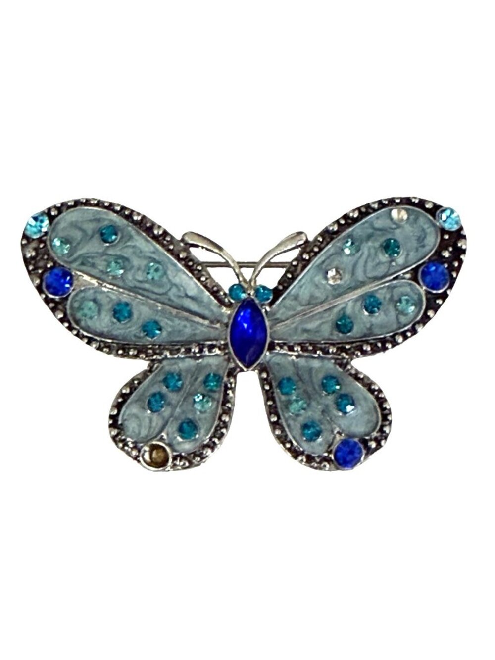 Vintage Blue Butterfly Brooch Rhinestone Silver Tone Aqua Cobalt Statement Pin